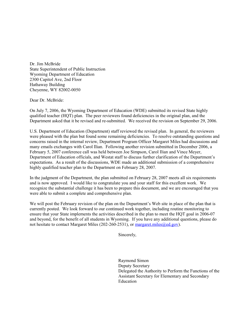 Letter to Wyoming State Superintendent of Education Regarding Highly Qualified Teacher