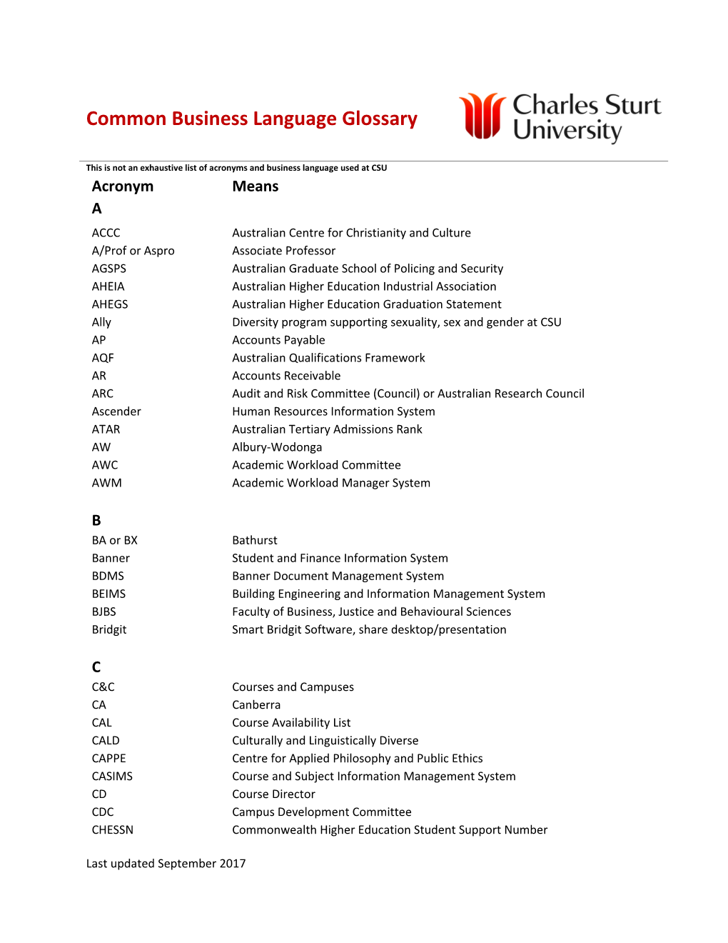 This Is Not an Exhaustive List of Acronyms and Business Language Used at CSU
