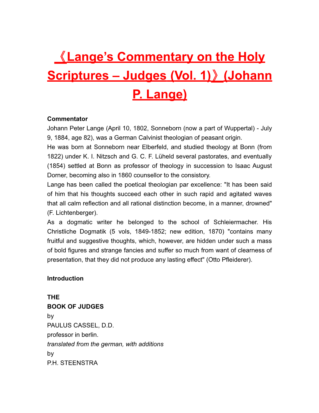 Lange S Commentary on the Holy Scriptures Judges (Vol. 1) (Johann P. Lange)