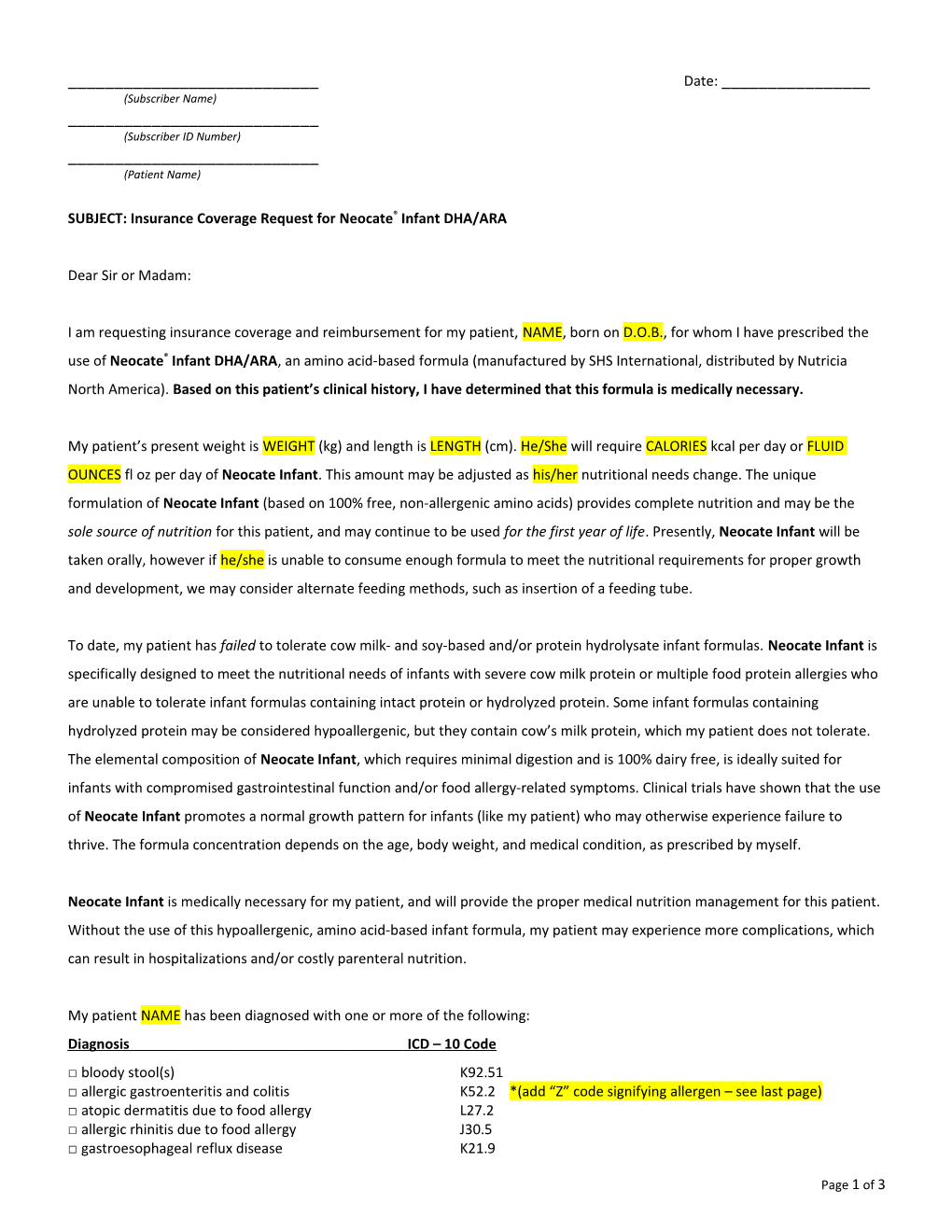 SUBJECT: Insurance Coverage Request for Neocate Infant DHA/ARA s1