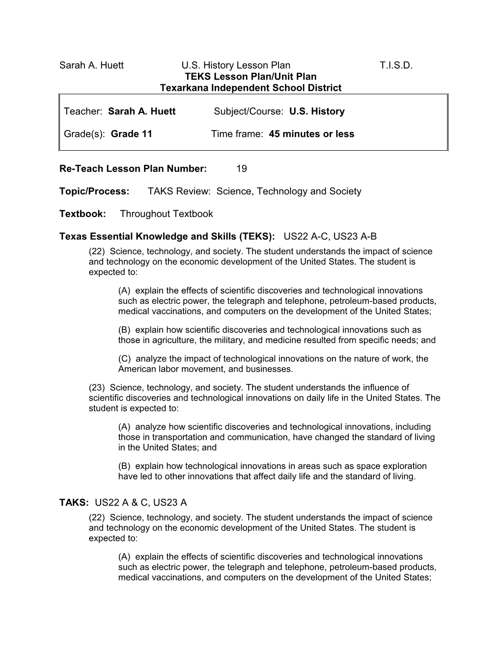 TEKS Lesson Plan/Unit Plan s10