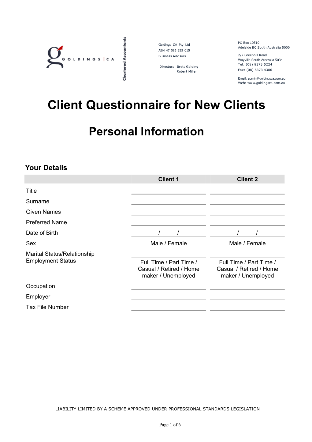 Client Questionnaire for New Clients