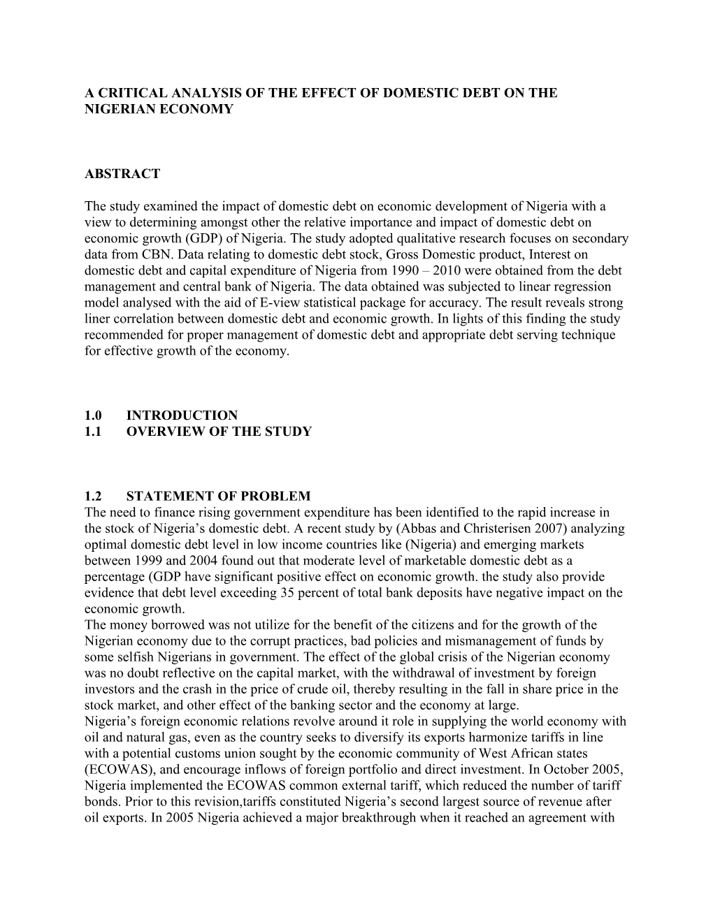 A Critical Analysis of the Effect of Domestic Debt on the Nigerian Economy