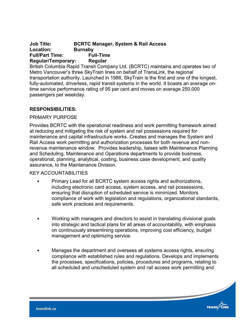 Job Title: BCRTC Manager, System & Rail Access