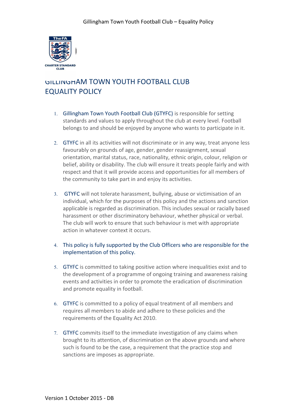 Gillingham Town Youth Football Club Equality Policy