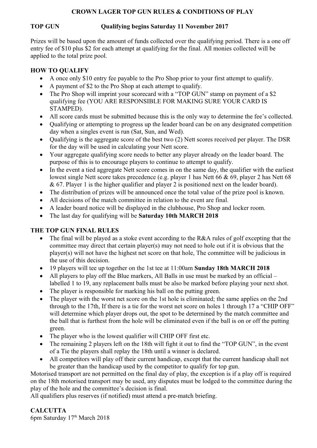 Top Gun Rules & Conditions of Play