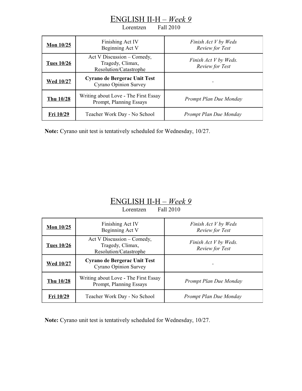 ENGLISH II-H Week 9