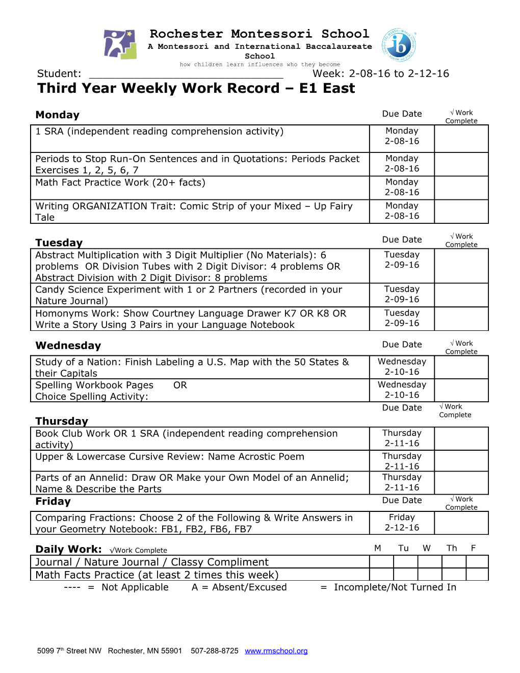 Third Year Weekly Work Record E1 East