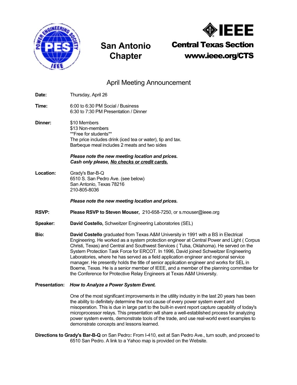IEEE-PES San Antonio Chapter Meeting Announcement