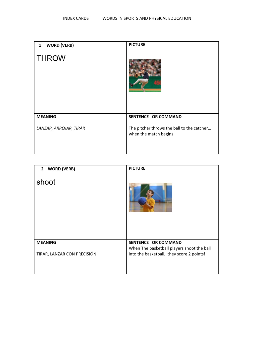 Index Cards Words in Sports and Physical Education