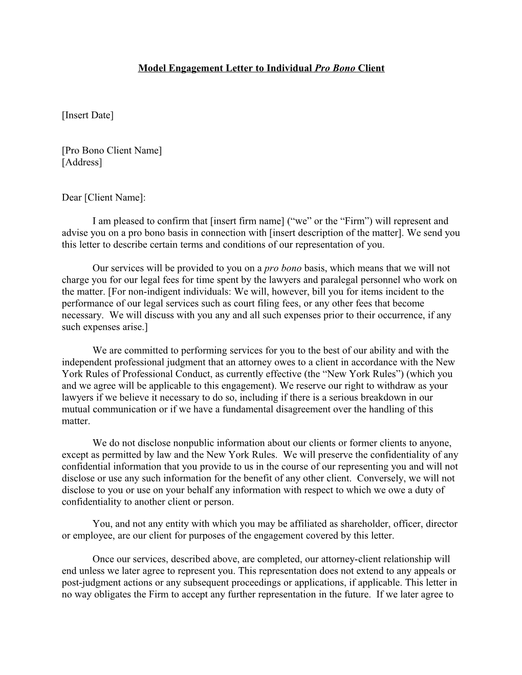 Model Engagement Letter to Individual Pro Bono Client