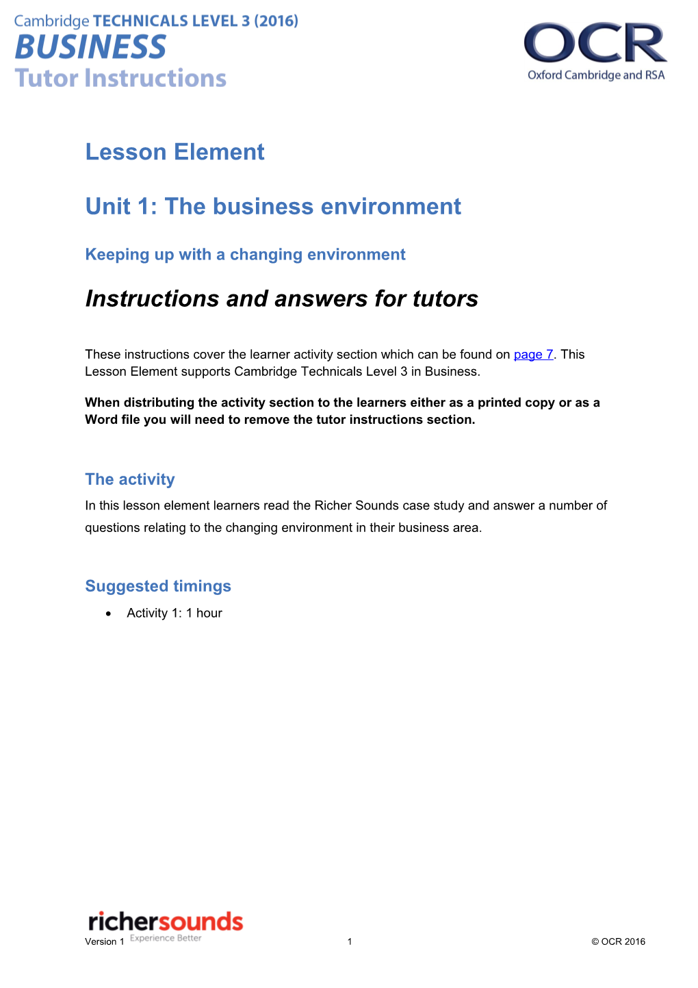 Cambridge Technicals Level 3 Business Lesson Element - Unit 1 The Business Environment