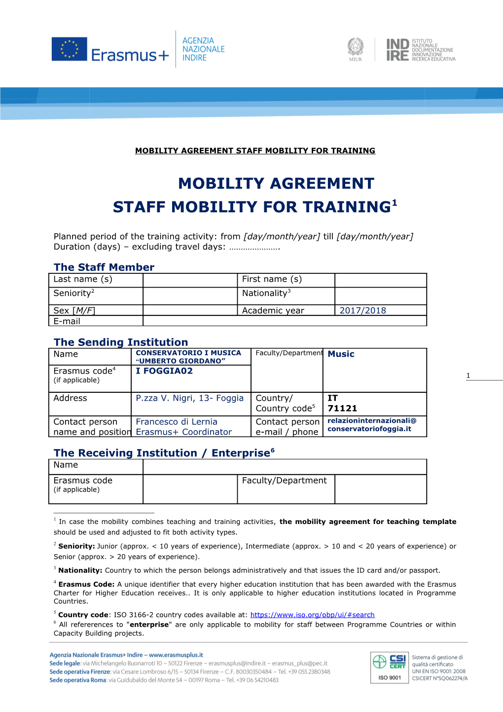 Mobility Agreement Staff Mobility for Training s1