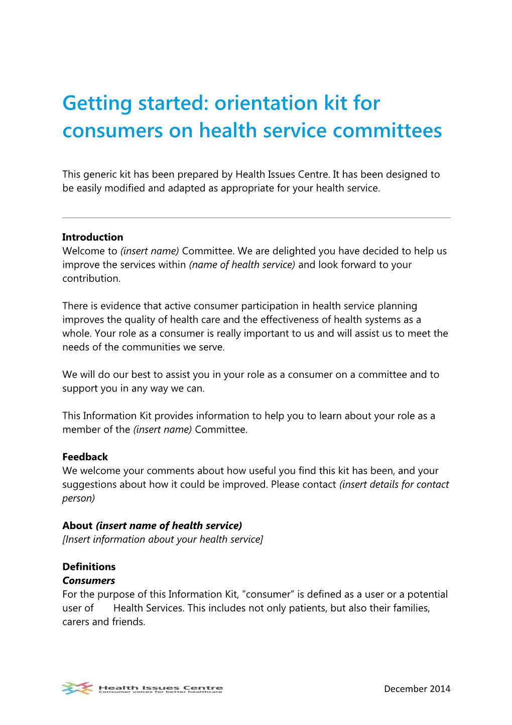 Getting Started: Orientation Kit for Consumers on Health Service Committees