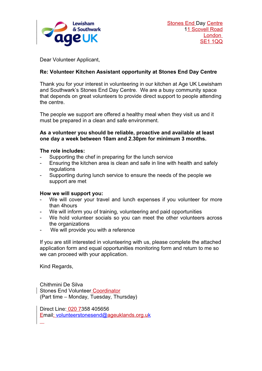 Re: Volunteer Kitchen Assistant Opportunity at Stones End Day Centre