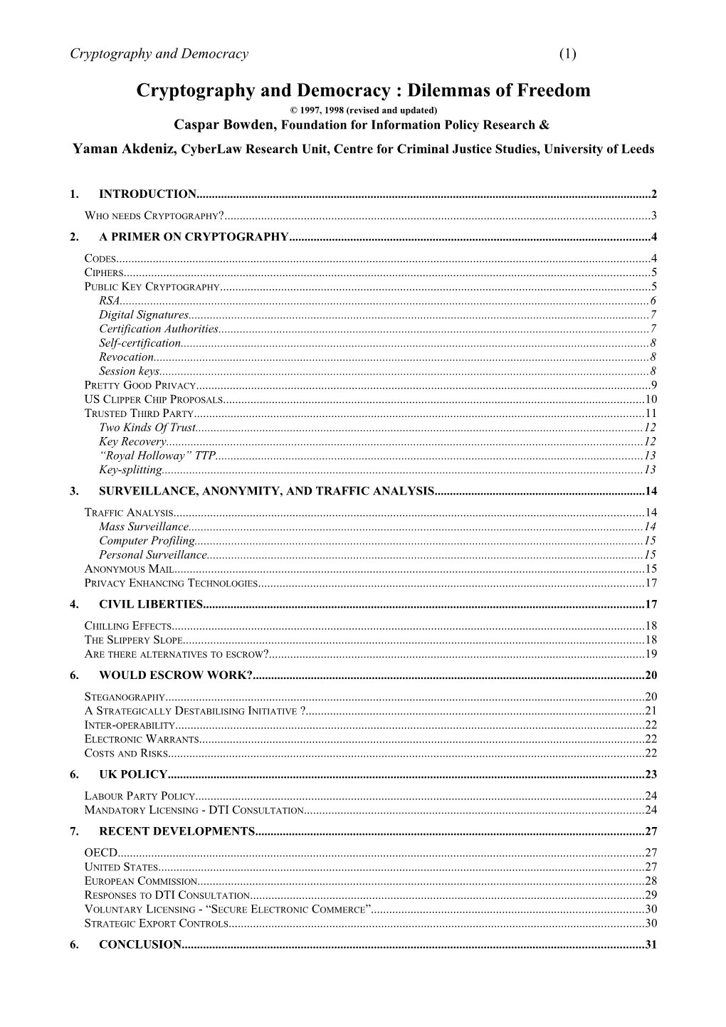 1. Cryptography and Democracy : Dilemmas of Freedom