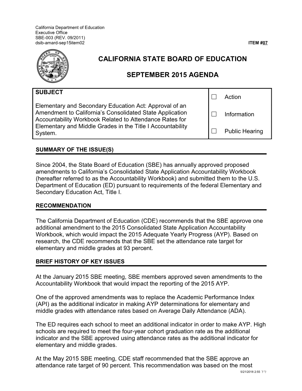 September 2015 Agenda Item 07 - Meeting Agendas (CA State Board of Education)