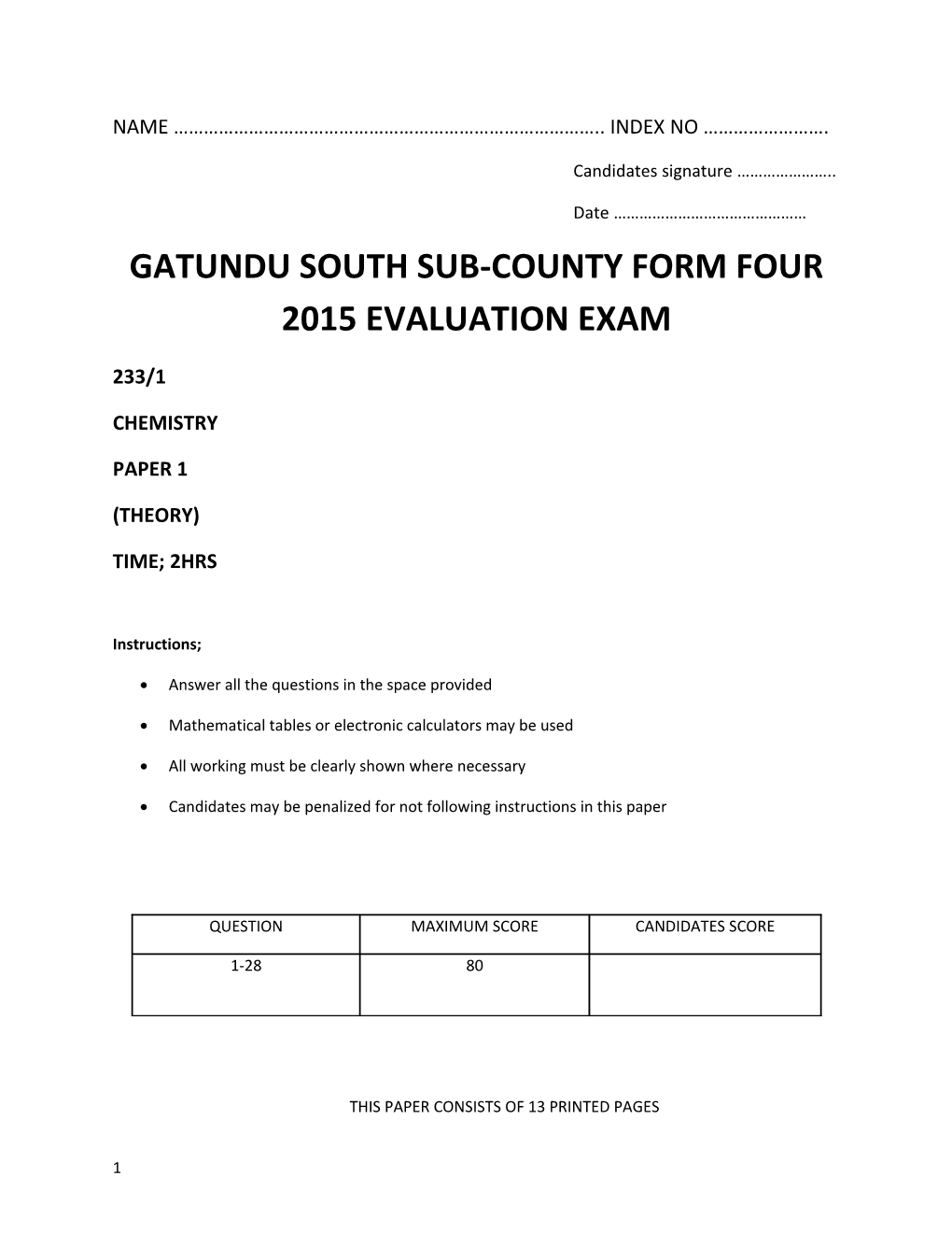 Gatundu South Sub-County Form Four 2015 Evaluation Exam