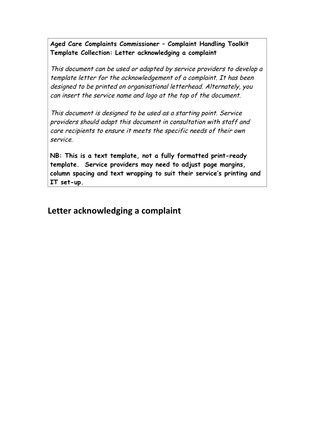 Aged Care Complaints Commissioner Complaint Handling Toolkit Template Collection: Letter