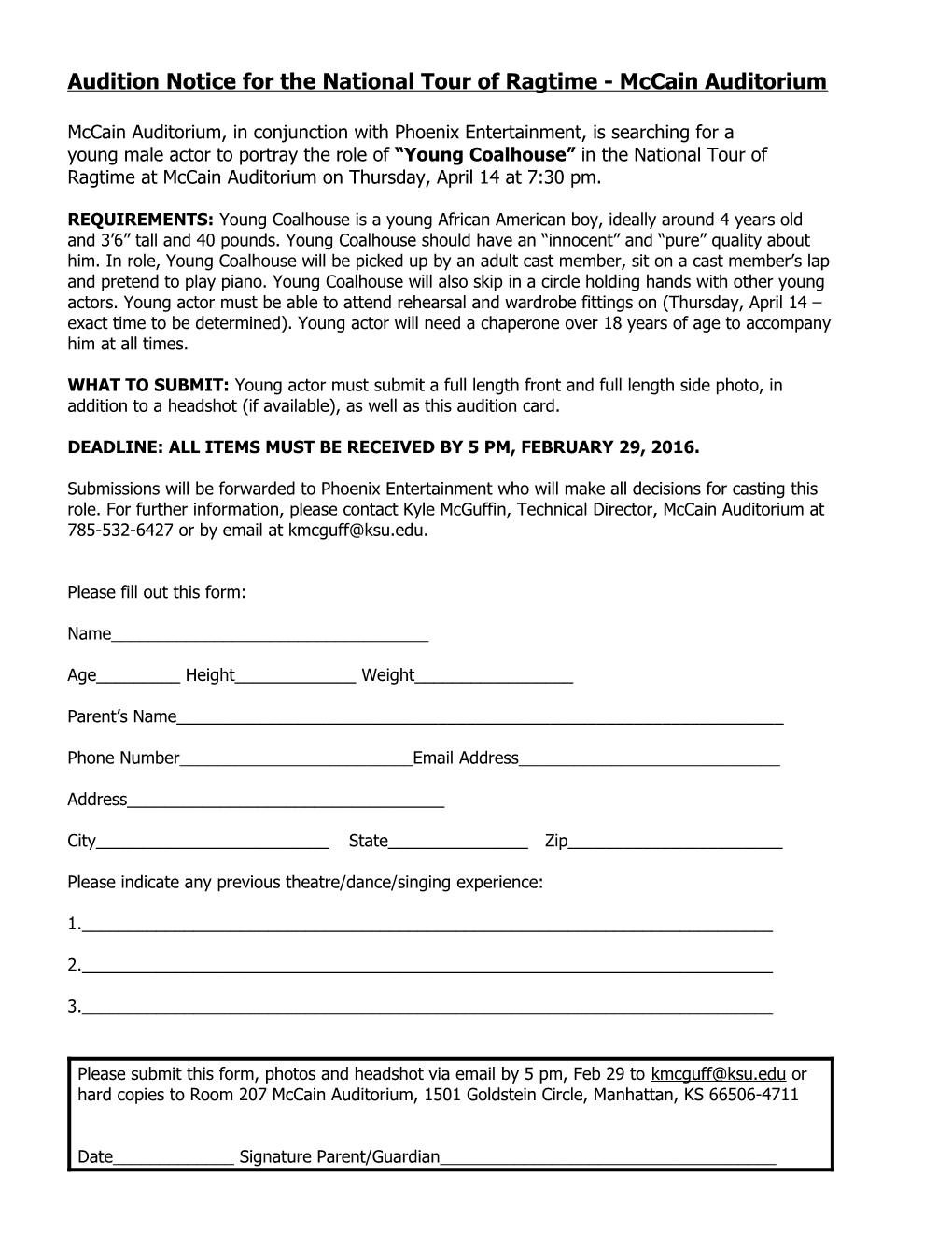 Audition Notice for the National Tour of Ragtime - Mccain Auditorium