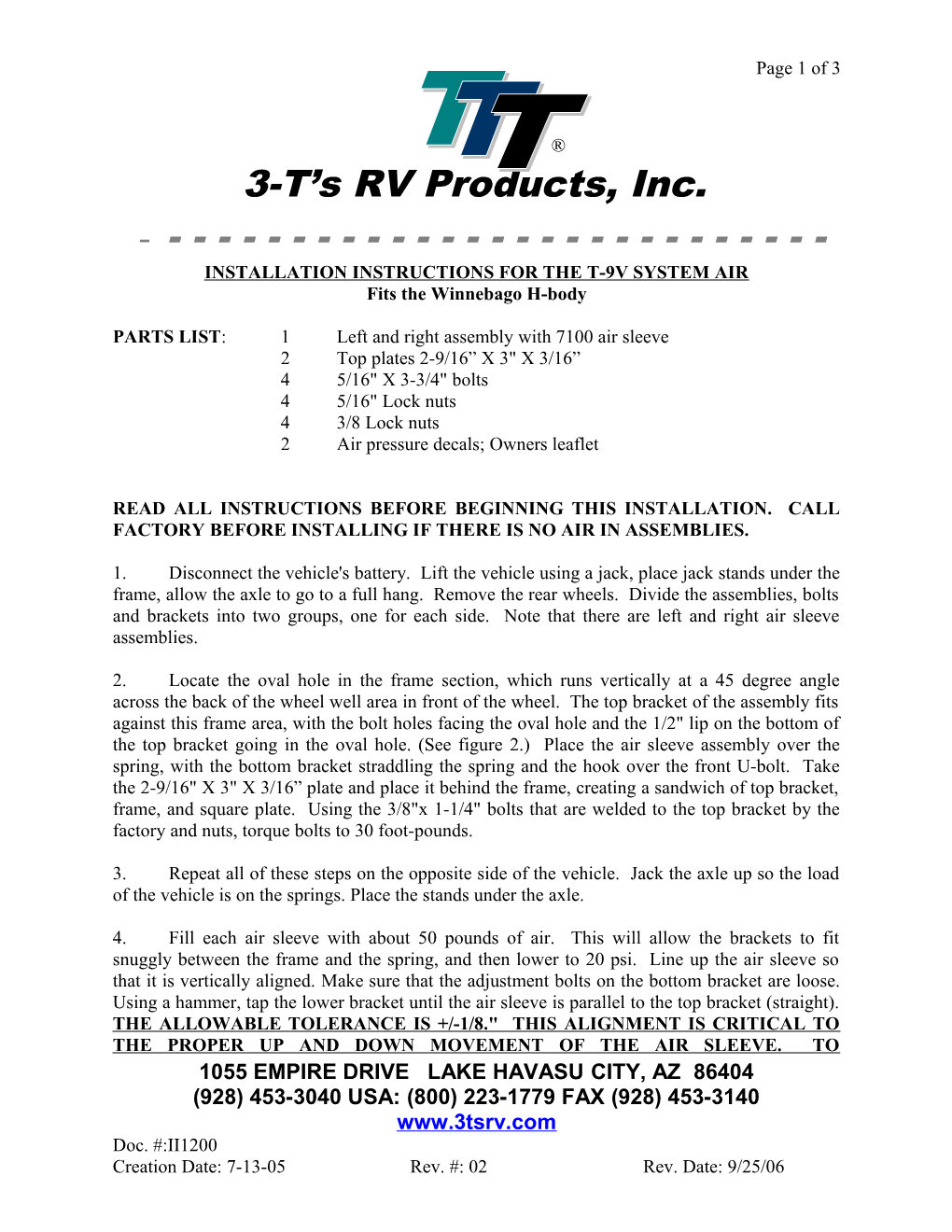 Installation Instructions for the T-9V System Air