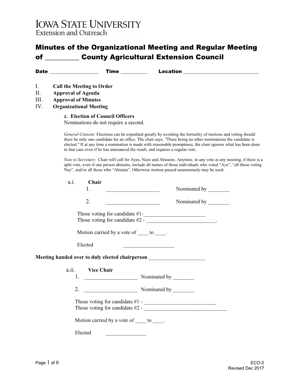 Minutes of the Organizational Meeting and Regular Meeting of ______County Agricultural