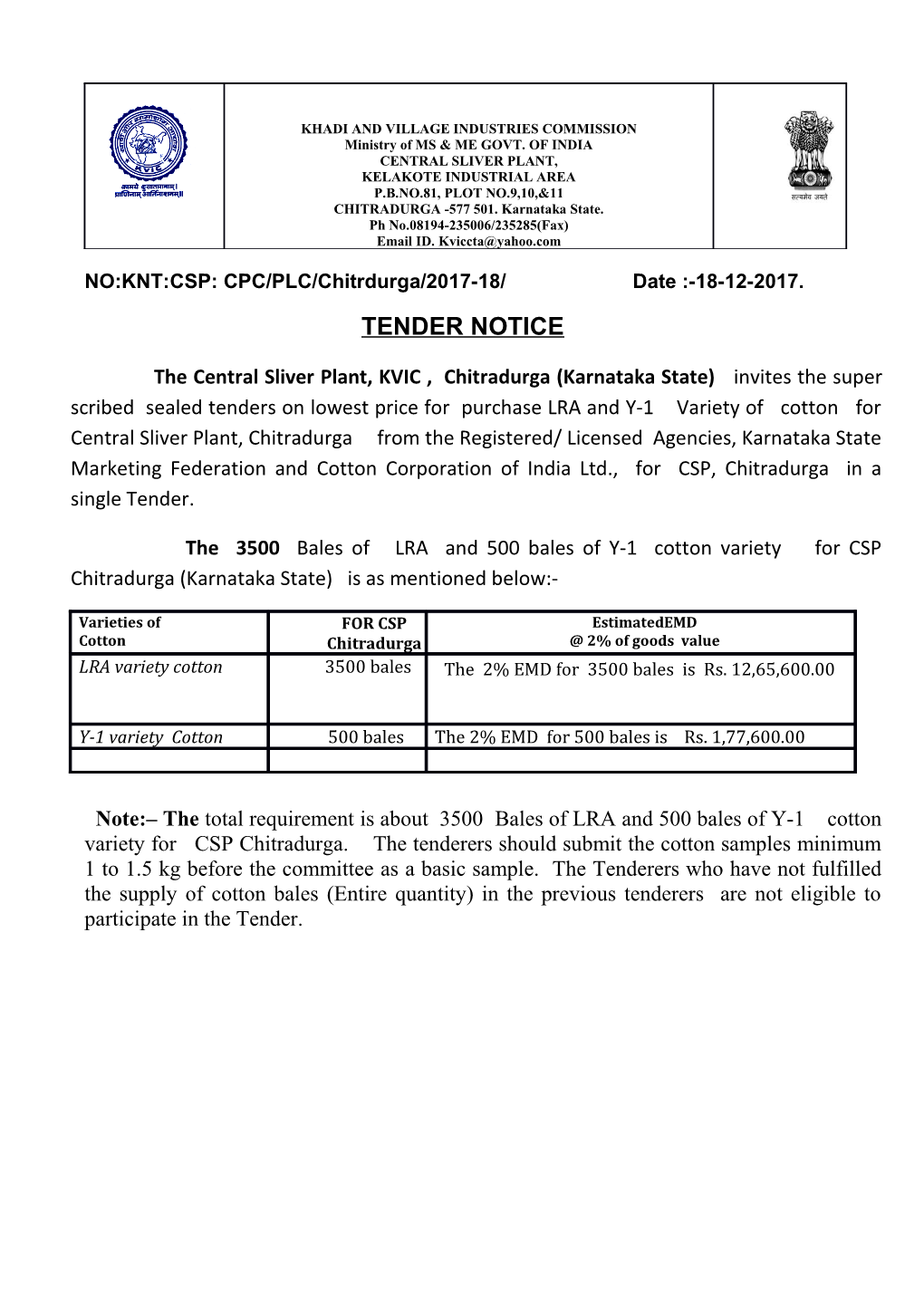 NO:KNT:CSP: CPC/PLC/Chitrdurga/2017-18/ Date :-18-12-2017