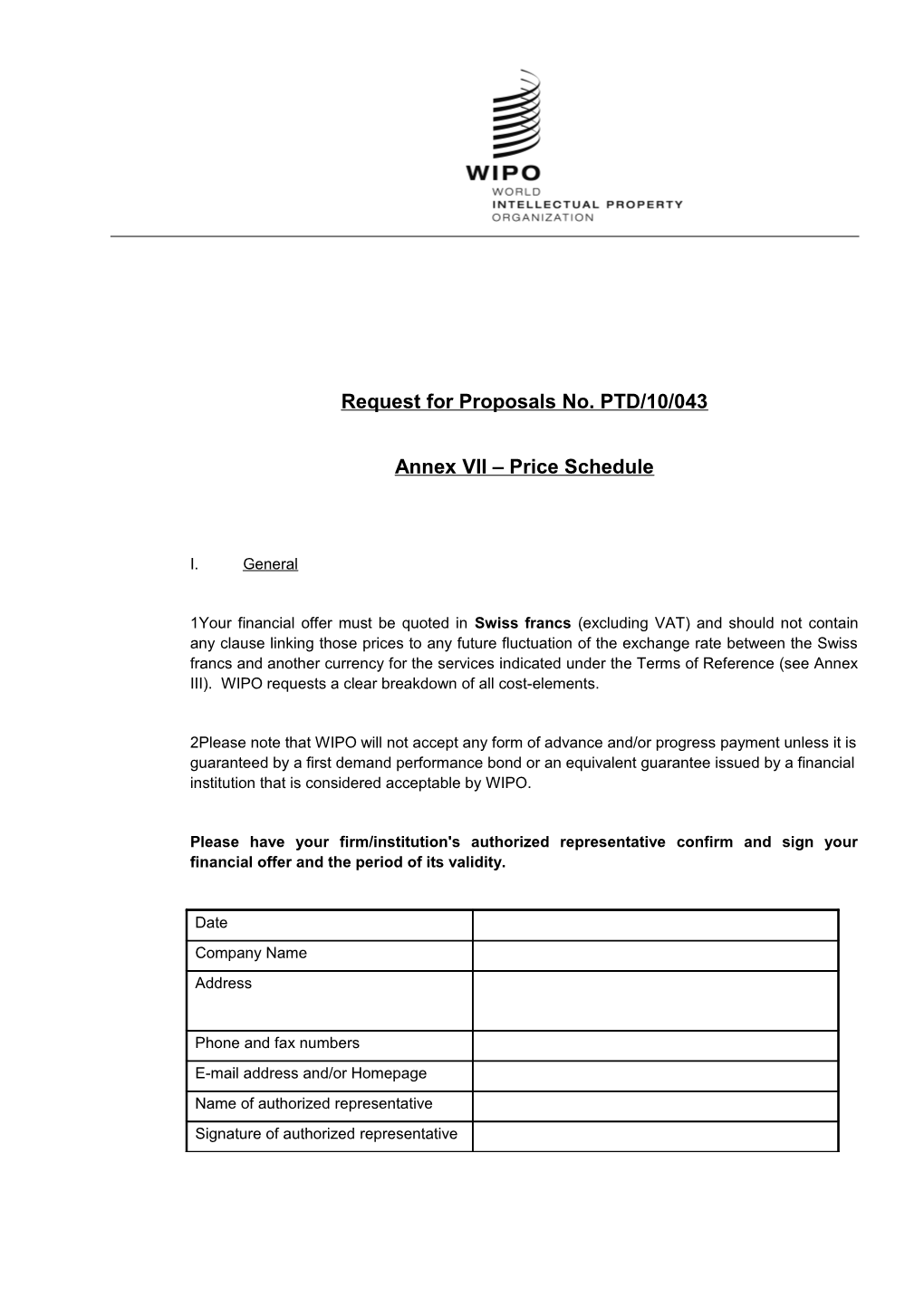 Request for Proposals No. PTD/10/043