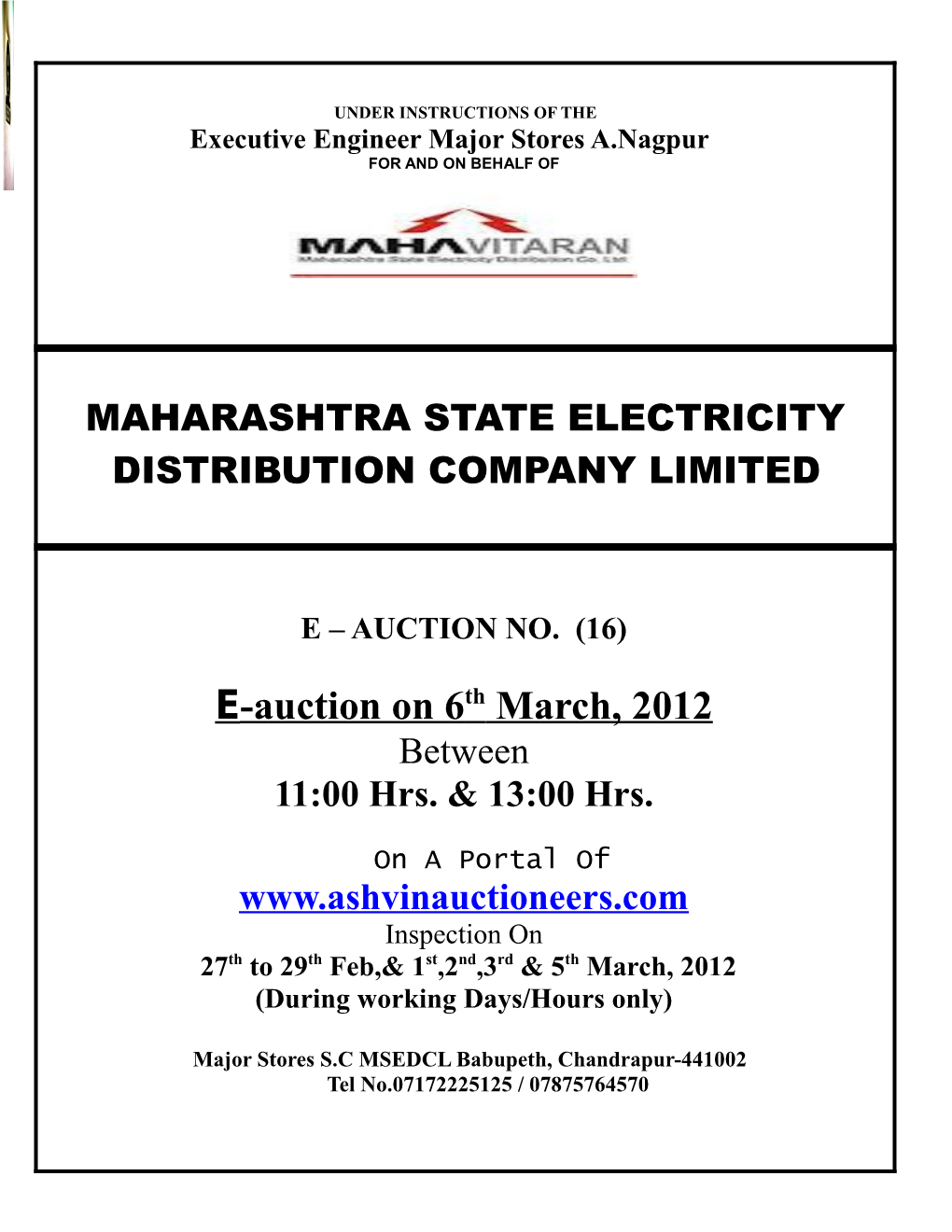 Executive Engineer Major Stores A.Nagpur