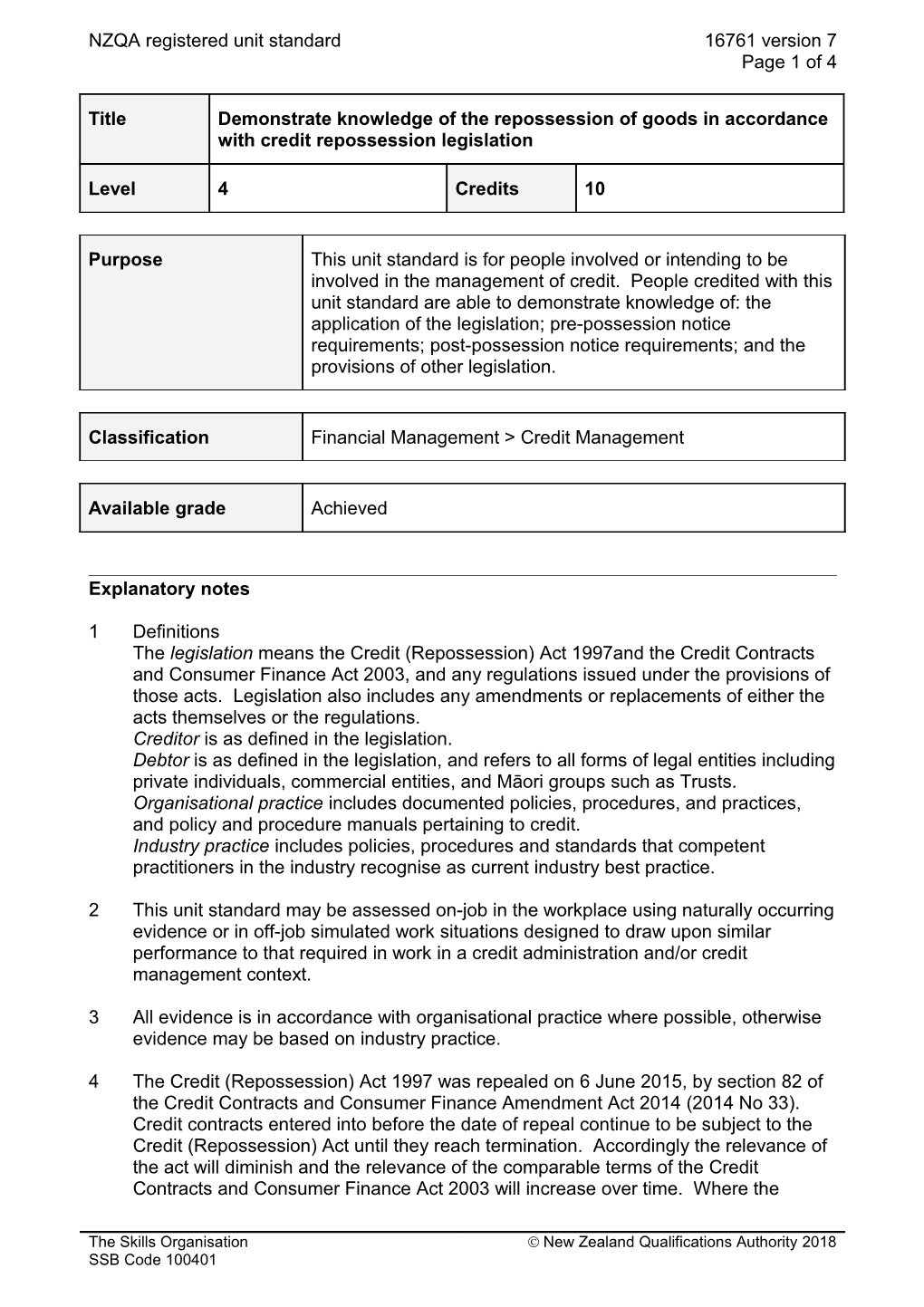 16761 Demonstrate Knowledge of the Repossession of Goods in Accordance with the Credit