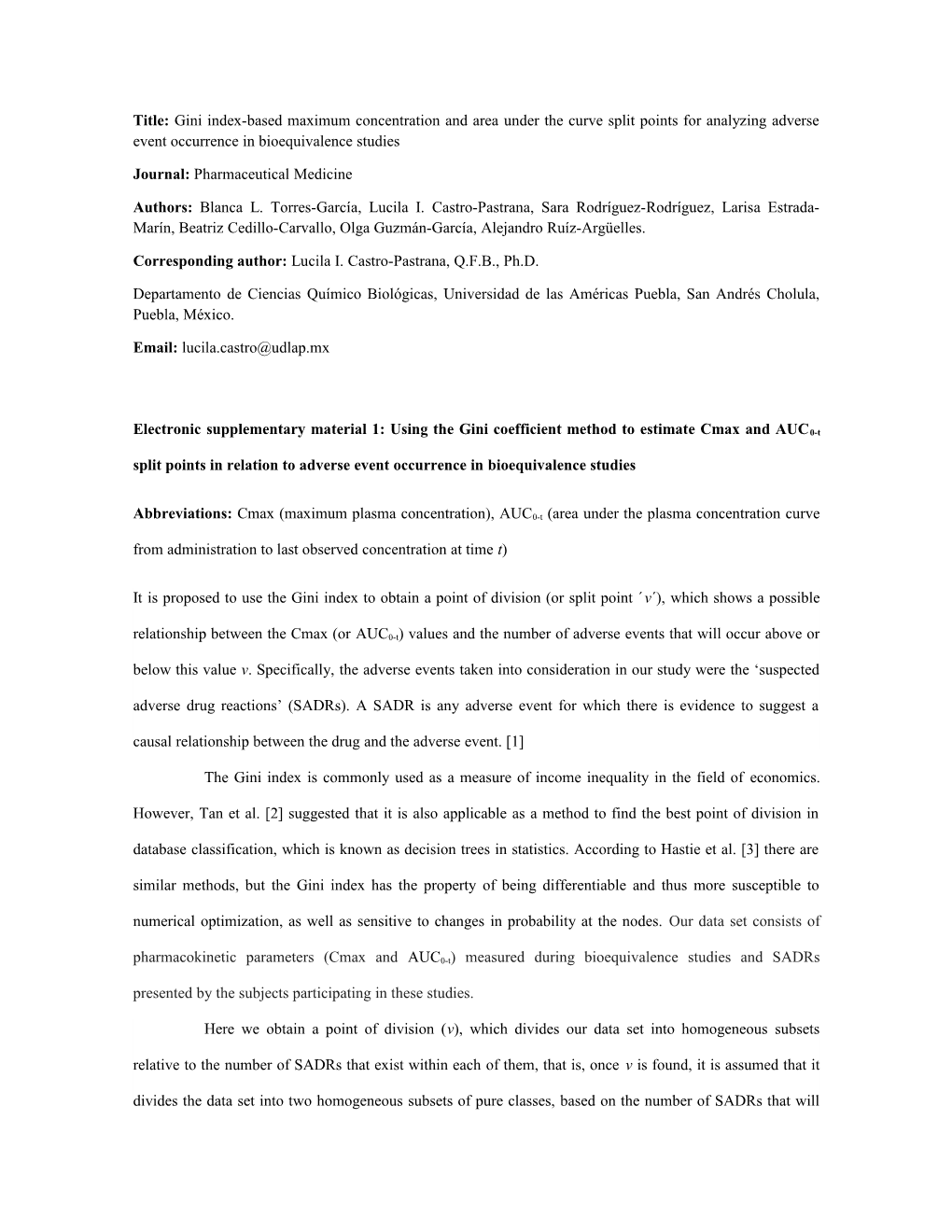 Title: Gini Index-Based Maximum Concentration and Area Under the Curve Split Points For