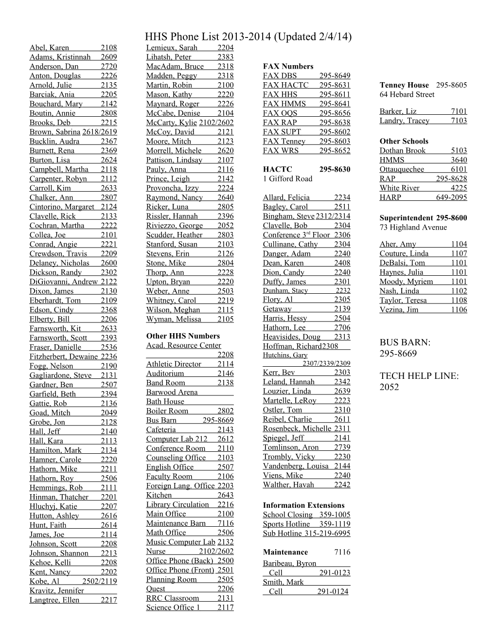 HHS Phone List 2013-2014 (Updated 2/4/14)