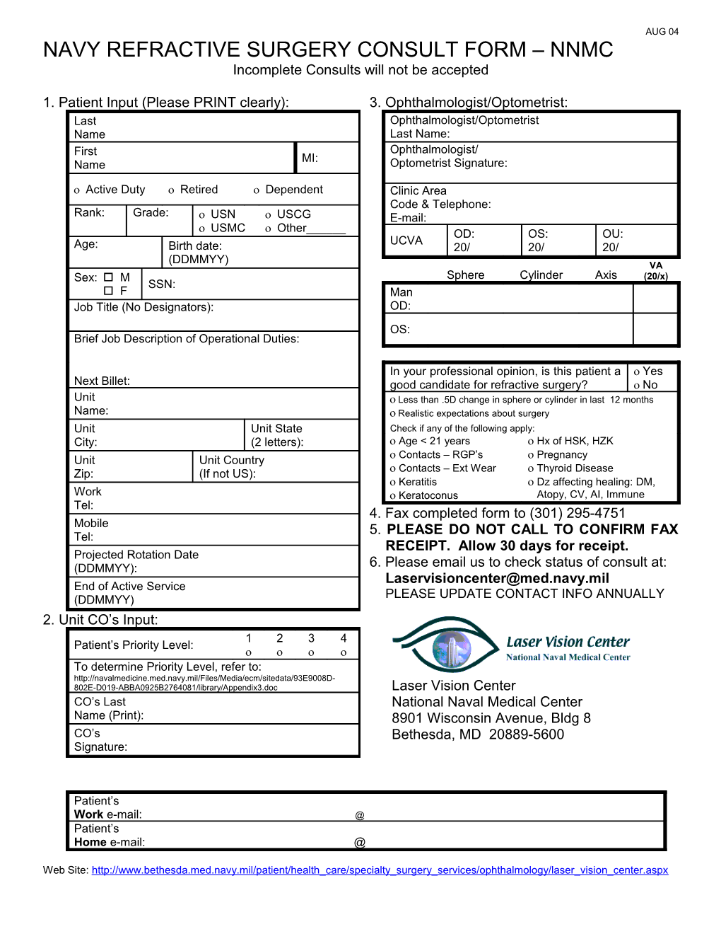 NNMC Refractive Surgery Consult Worksheet