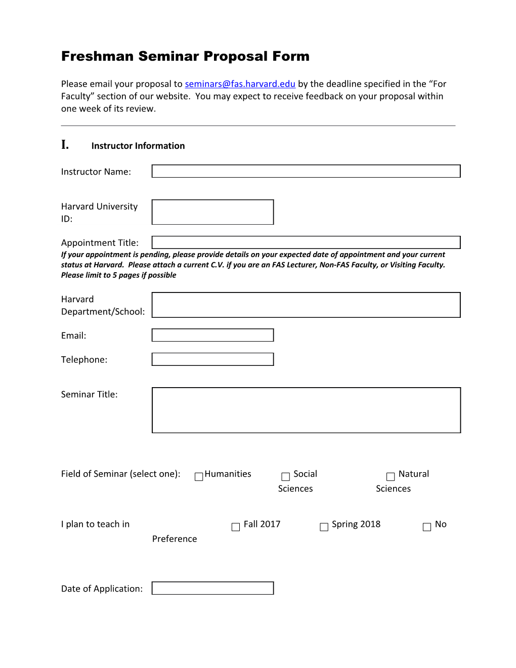Freshman Seminar Proposal Form