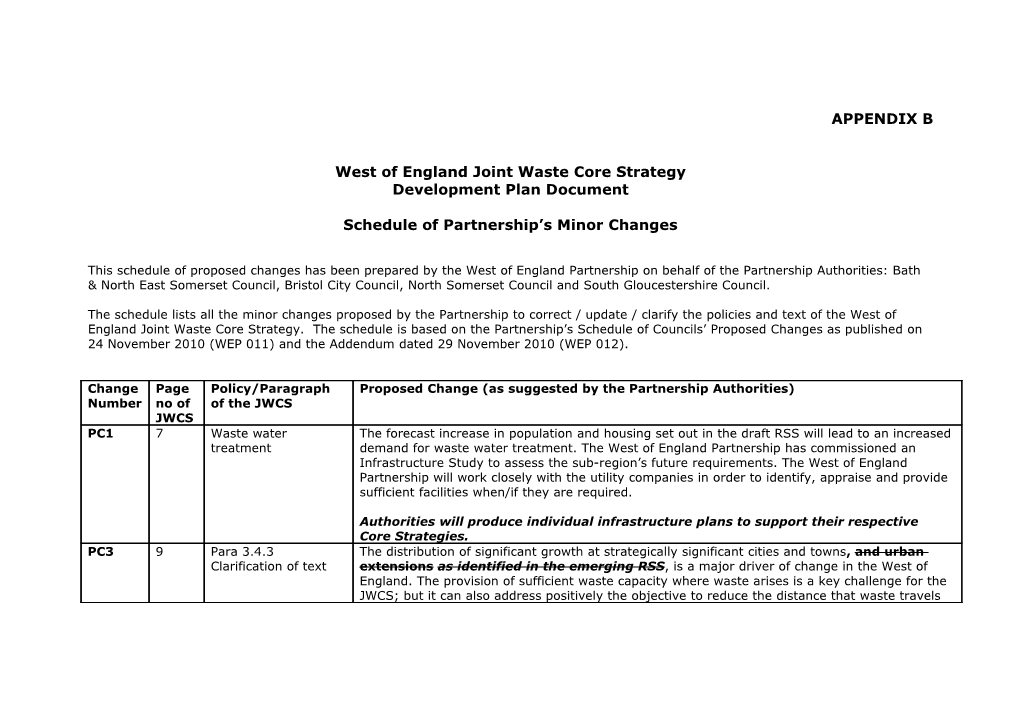 Schedule of Council(S) Proposed Changes to the West of England Joint Waste Core Strategy