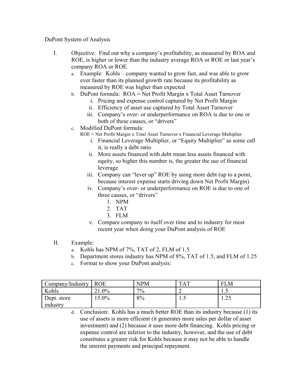 Dupont System of Analysis