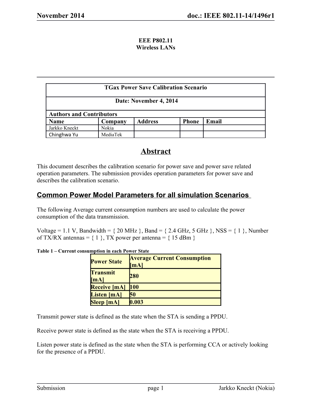 Common Power Model Parameters for All Simulation Scenarios