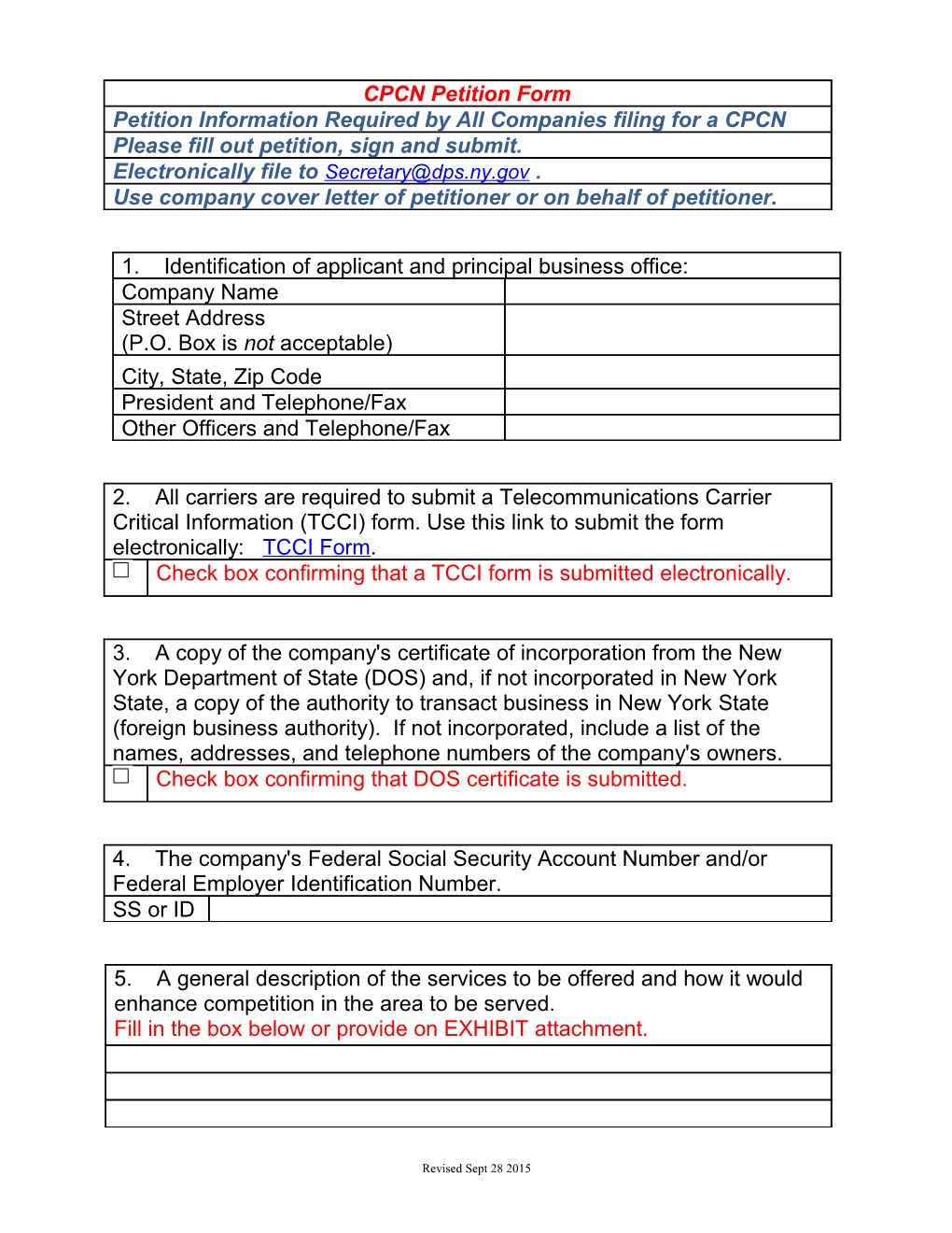 Petition Information Required by All Companies Filing for a CPCN