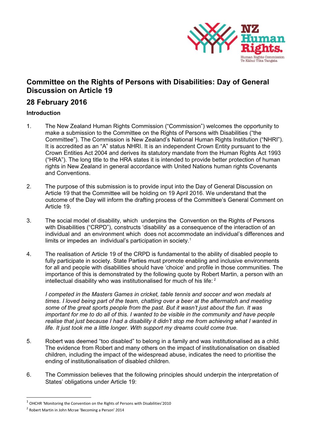 Committee on the Rights of Persons with Disabilities: Day of General Discussion on Article 19
