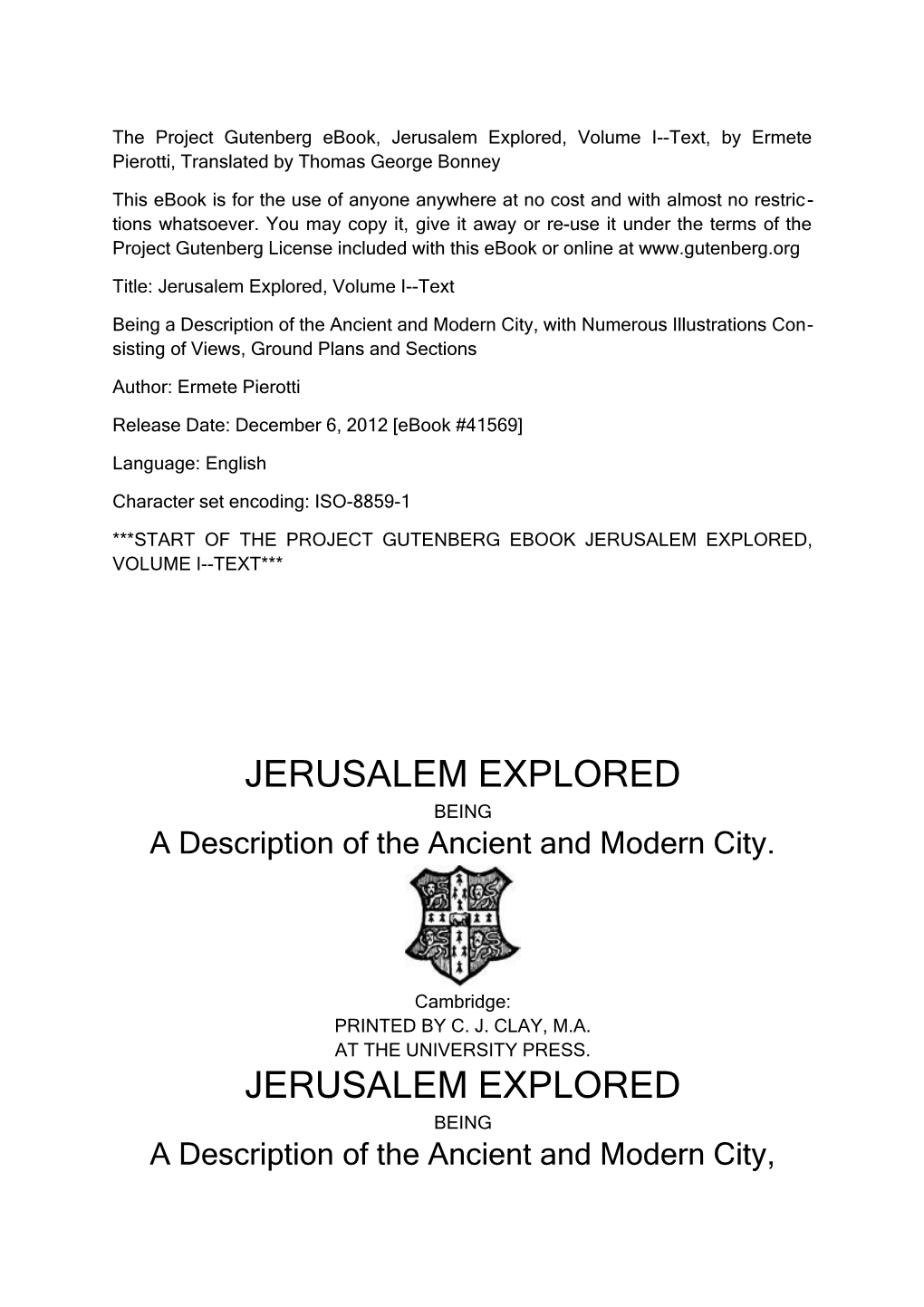 Title: Jerusalem Explored, Volume I Text