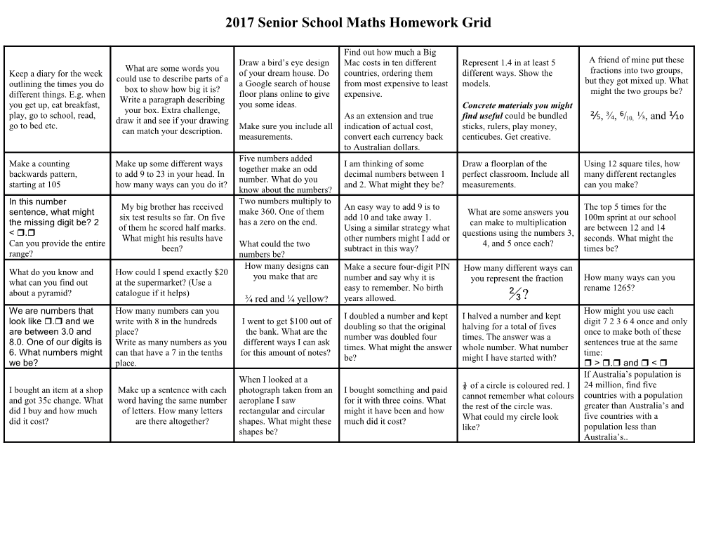 2017 Senior School Maths Homework Grid