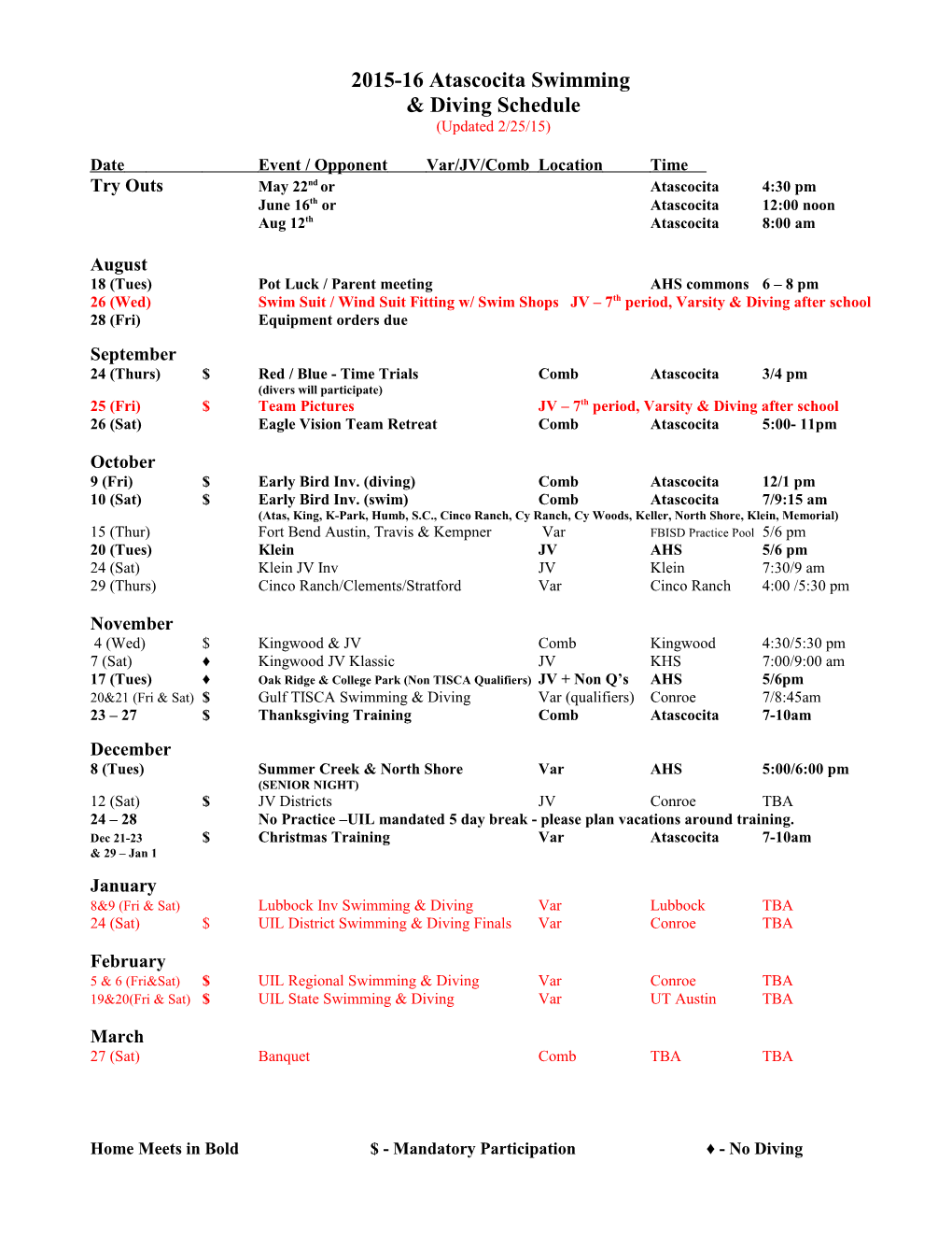 Date Event / Opponent Var/JV/Comb Location Time