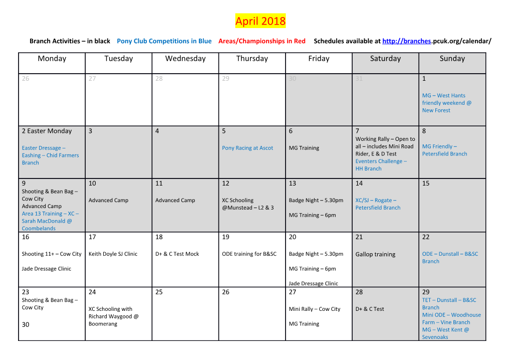 Branch Activities in Black Pony Clubcompetitions in Blue Areas/Championships in Red Schedules