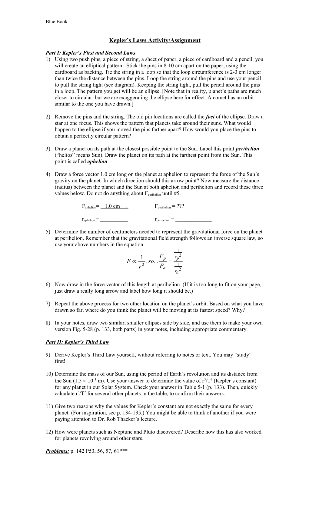 Kepler S Laws Activity/Assignment
