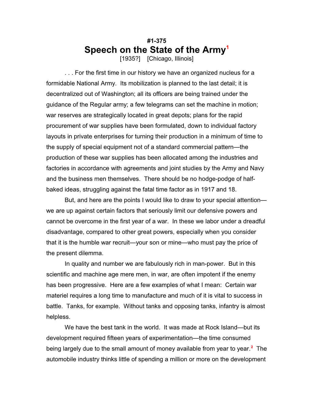 Speech on the State of the Army1