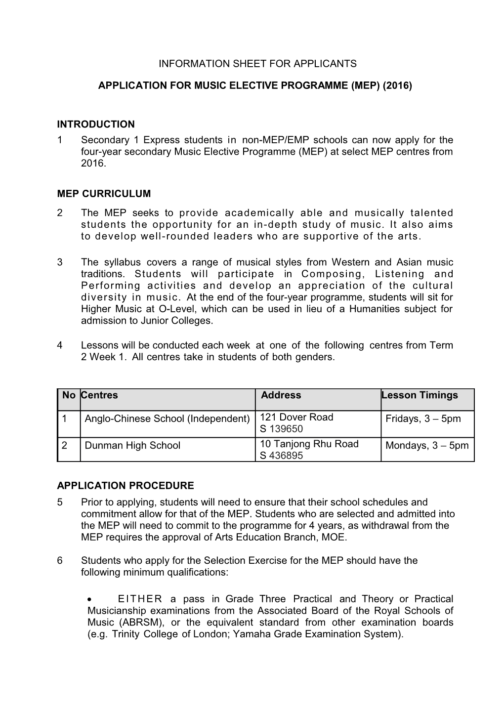 Application for Music Elective Programme (Mep) (2016)