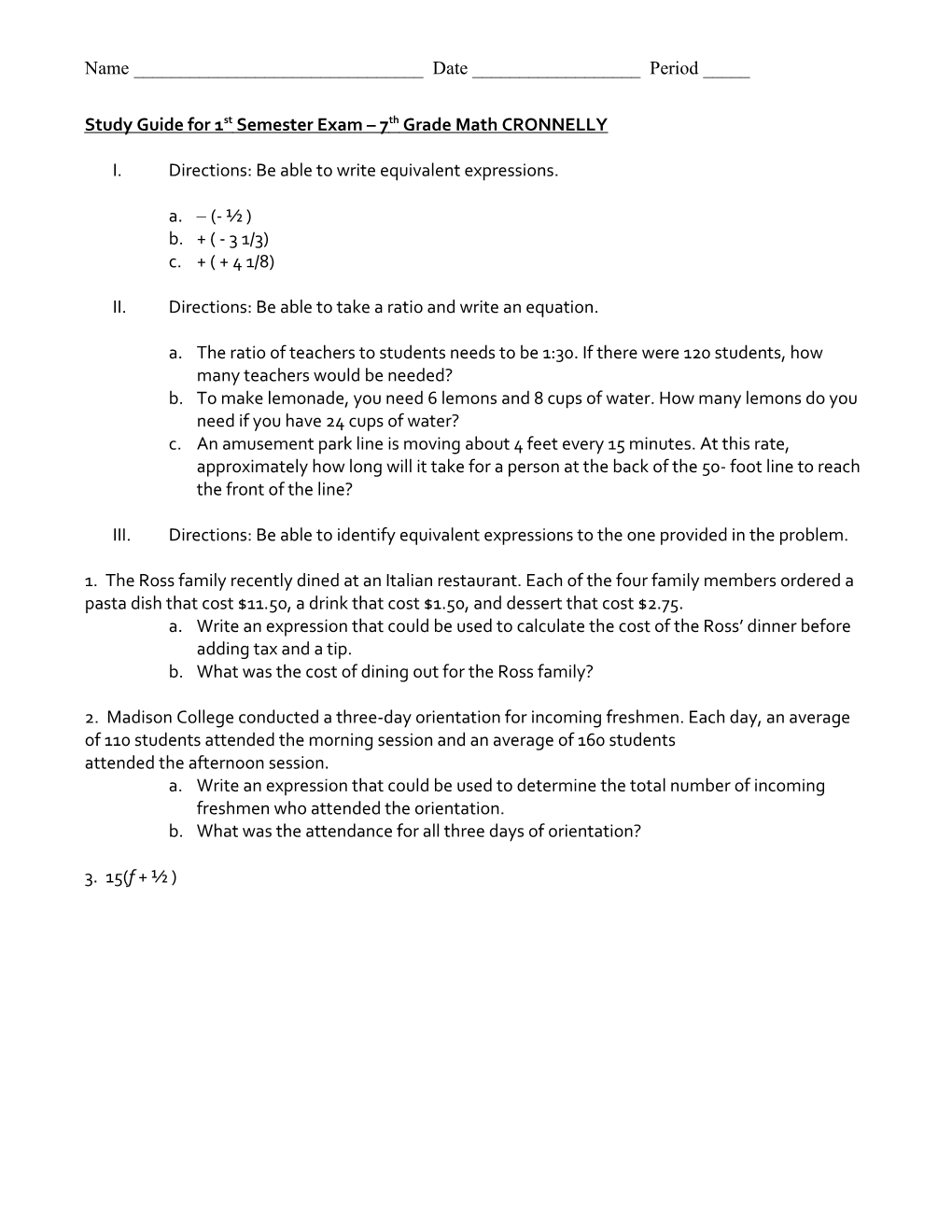 Study Guide for Semester Exam 7Th Grade Math