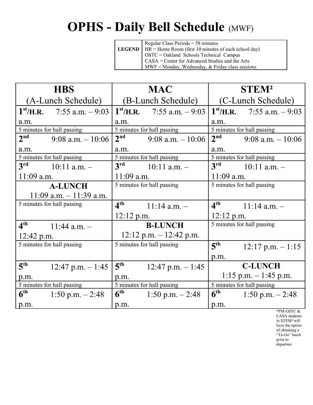 OPHS - Daily Bell Schedule (MWF)