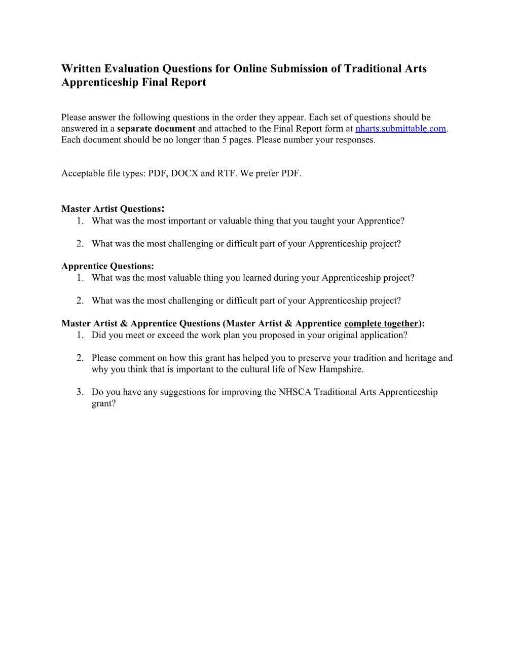 Written Evaluation Questions for Online Submission of Traditional Arts Apprenticeship