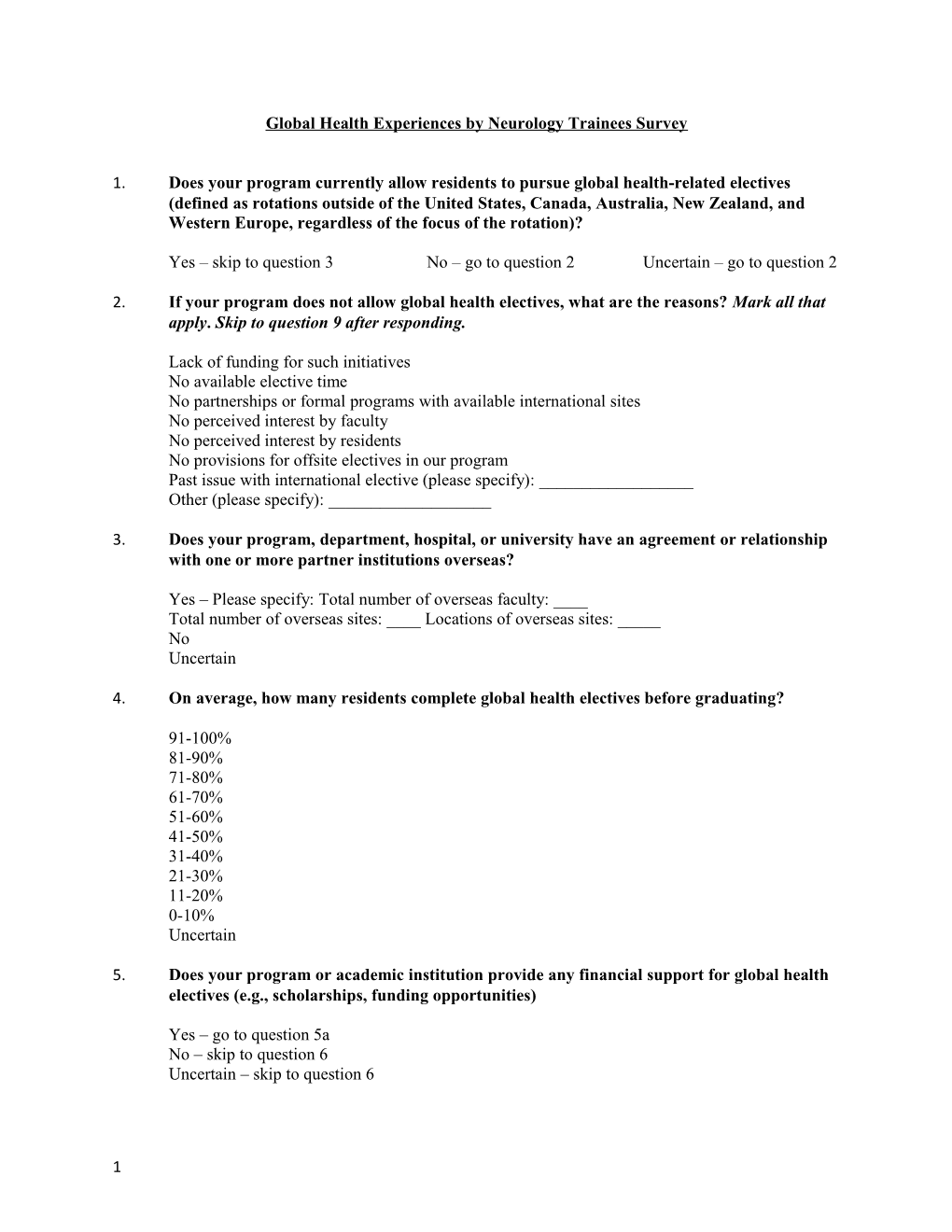 Global Health Experiences by Neurology Trainees Survey